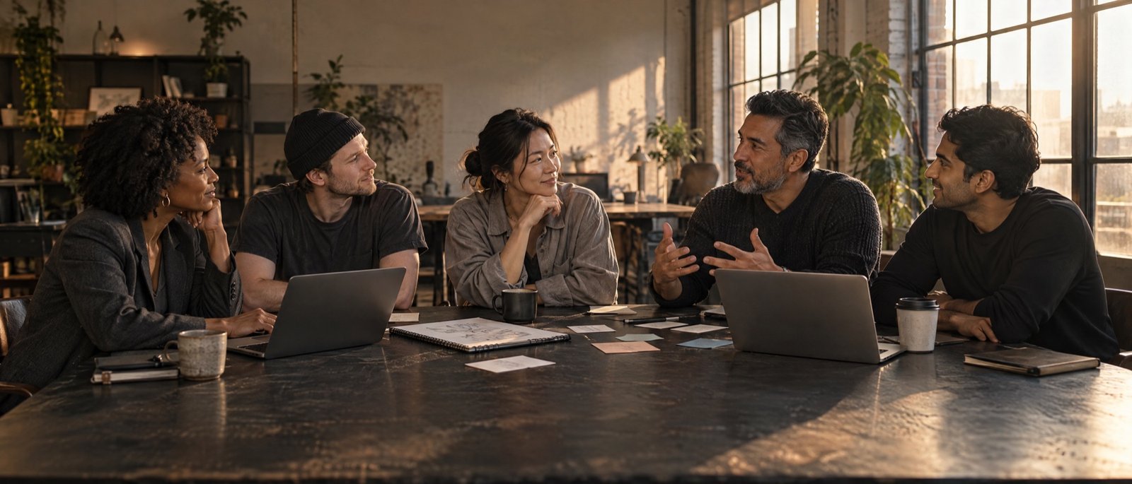 A small team working together around a table in a bright loft.