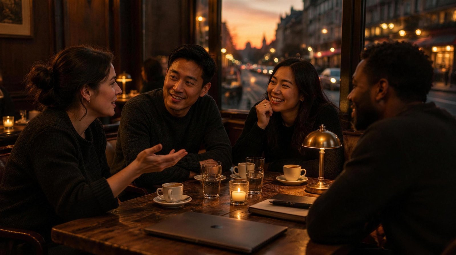 Four people talking around a café table at dusk.
