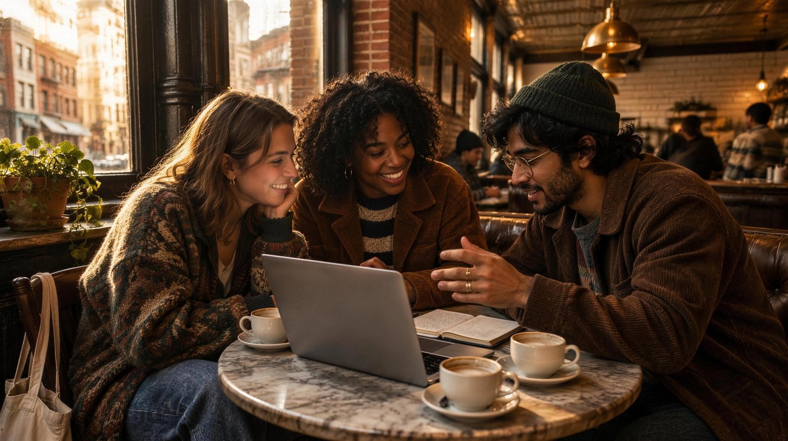 Three people in conversation at a caf&eacute; table.
